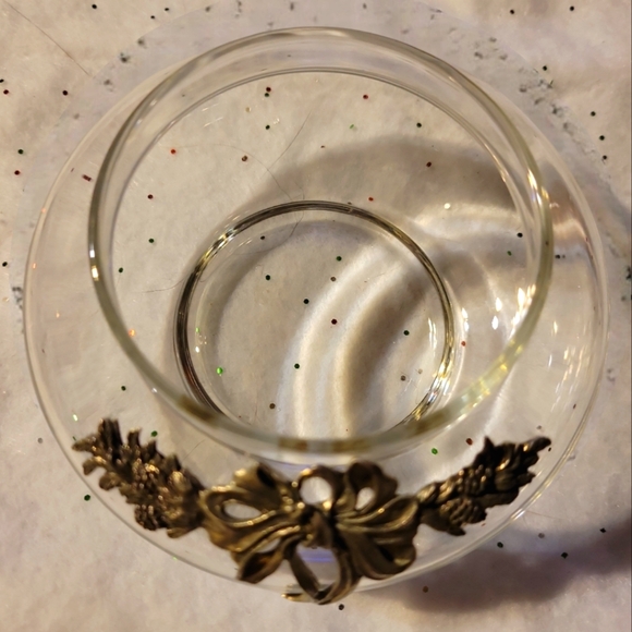 Vtg Pewter Bow Pinecone Accented Small Aquarium Shaped Round Clear Glass Bowl - Picture 2 of 4